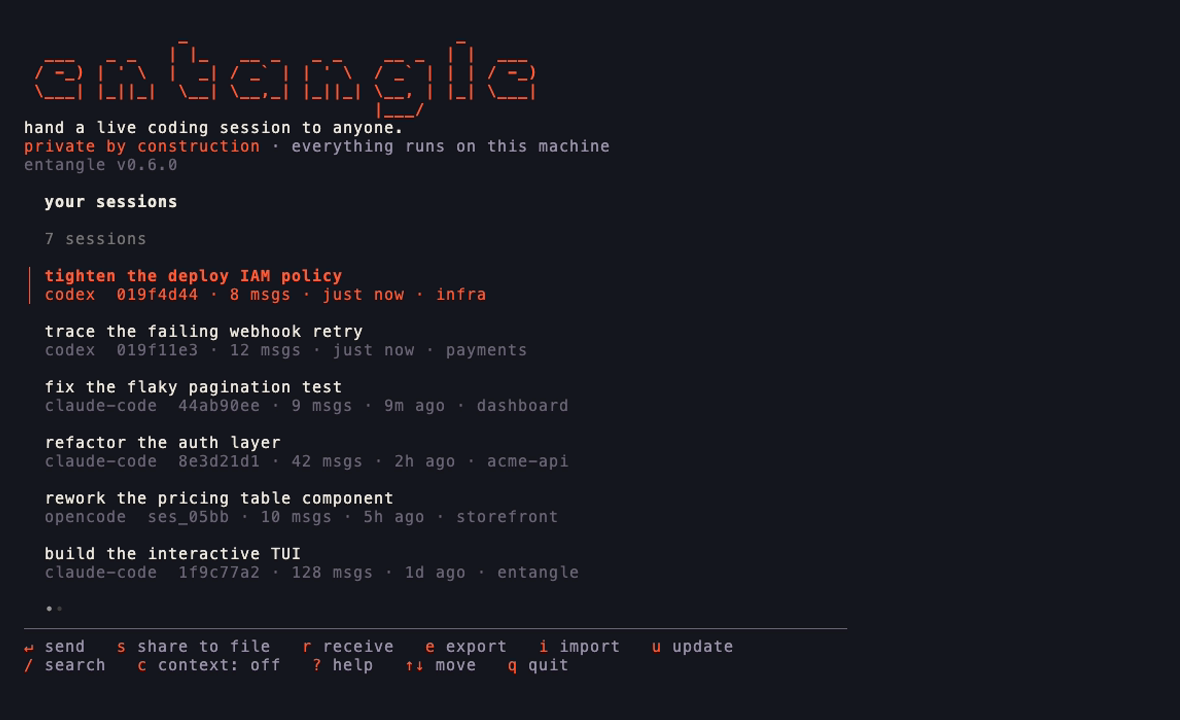 The entangle cockpit: an ascii teleport wordmark above a searchable session list, with send, share, receive, export, import and update along the bottom.